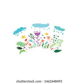 Illustration in cartoon naive style of clouds with rain drops and flowers. Decorative background for textile, clothing, stationery, scrapbook, web, stickers