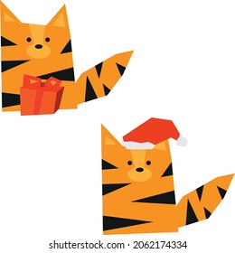 Illustration of cartoon New Year tigers. The symbol of the New Year 2022. Tigers with a gift and a santa claus hat. Suitable for placing on greeting cards, New Year's stickers, gift wraps, gift bags.
