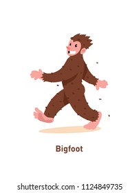An illustration of a cartoon nice Bigfoot. Vector illustration. Brown Bigfoot is walking. Image is isolated on white background. Flat fashion illustration for banner, print and website. Mascot company