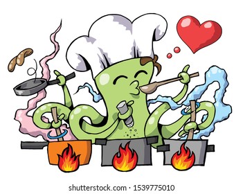 Illustration of Cartoon octopus chef holding cooking tools and making meal food