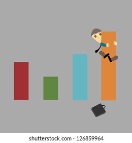 illustration of cartoon office worker climbs up bar graph