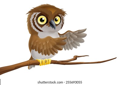 An illustration of a cartoon owl on a tree branch pointing with its wing
