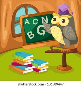 illustration of cartoon owl teaching in the room