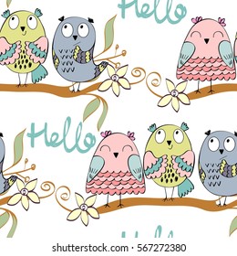 illustration with cartoon owls sitting on the branches