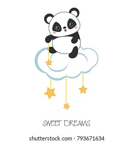 Illustration with cartoon panda sitting on the cloud.