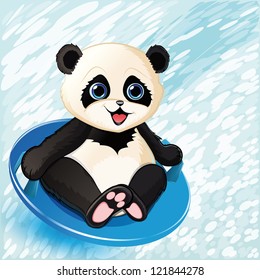 Illustration of a cartoon panda in a sled.