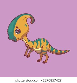 Illustration of a cartoon parasaurolophus on colorful background