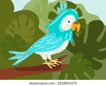 Illustration of a cartoon parrot in the rainforest. A tropical world with a blue parrot. A bird in its usual habitat. Children's illustration, printing for children's books