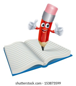 An illustration of a cartoon pencil man character writing in a book