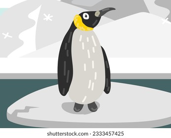 Illustration of a cartoon penguin on an ice floe. The North Pole with a cute penguin. The penguin is at his usual place of residence. Children's illustration, printing for children's books