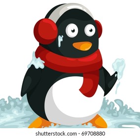 illustration of cartoon penguin playing snow on white