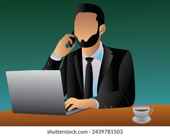 illustration of cartoon people character design young man working on laptop and talking on the mobile phone while sitting by the desk in the office on a white background