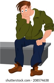 Illustration of cartoon people isolated on white. Cartoon man in green jacket and blue pants sitting on the bench. 