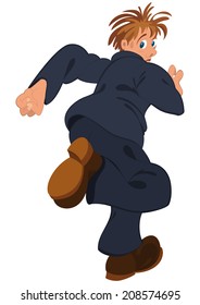 Illustration of cartoon people isolated on white. Cartoon man in blue suit running away. 