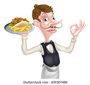 An Illustration of a Cartoon Perfect Kebab and Chips Waiter