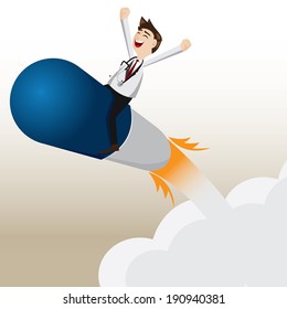 illustration of cartoon pharmacist riding capsule missile