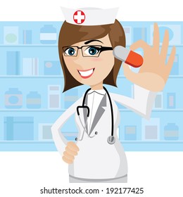 illustration of cartoon pharmacist showing pills in drug store