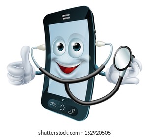 Illustration of a cartoon phone character holding a stethoscope