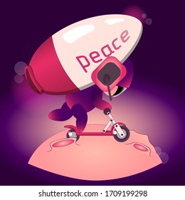 Illustration, cartoon picture or comic book. A small superhero in a purple jumpsuit, a large helmet, in  headphones rides a pink scooter on the moon, carries a rocket with the inscription peace