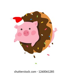 Illustration of a cartoon pig in a donut. Vector. Pork in Santa Claus cap looks out of a donut. New Year's mascot. Character to pack. Symbol of 2019.