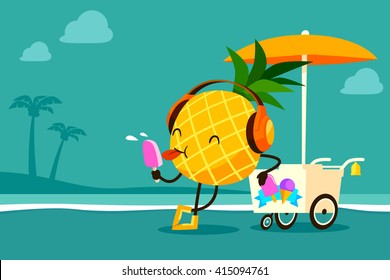 illustration of cartoon pineapple enjoy eating ice cream by a cart at the beach-summer day