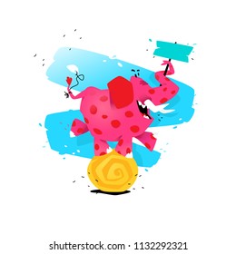 Illustration of a cartoon pink elephant on a ball. Vector illustration. Image is isolated on white background. Illustration for a banner, congratulations, holiday, children's shop. Mascot.