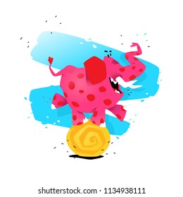 Illustration of a cartoon pink elephant on a ball. Vector illustration. Image is isolated on white background. Illustration for a banner, congratulations, holiday, children's shop. Mascot.