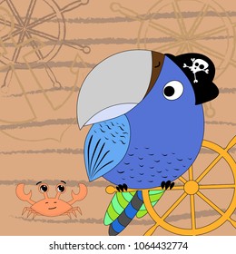 Illustration of a cartoon pirate parrot with a ship's wheel. Vector illustration. Cartoon print. Design for kids t-shirt.