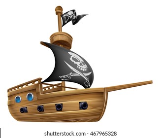 An illustration of a cartoon pirate ship boat flying a skull and crossed bones flag