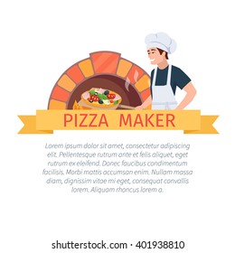 Illustration cartoon pizza maker and pizza oven.  Pizza maker label. Vector pizza concept.