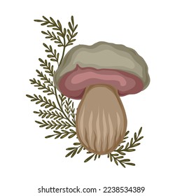 Illustration of cartoon poisonous mushroom with fern stems on white background. Vector forest boletus with herbal decoration. Botanical clipart for card and banner. Drawing of dangerous grebe