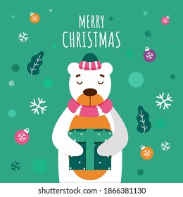 Illustration of Cartoon Polar Bear Holding a Gift Box with Baubles, Snowflakes and Leaves Decorated on Green Background for Merry Christmas Celebration.