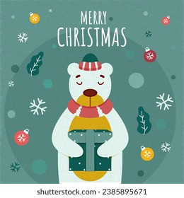 Illustration of Cartoon Polar Bear Holding a Gift Box with Baubles, Snowflakes and Leaves Decorated on Pastel Green Background for Merry Christmas Celebration.