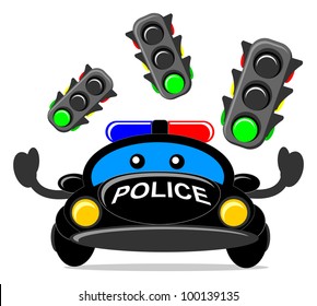 illustration of cartoon police car with traffic light