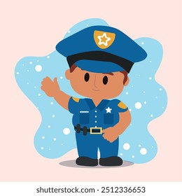 Ilustração de um policial de cartum sorrindo e acenando enquanto veste um uniforme azul. Ilustração vetorial