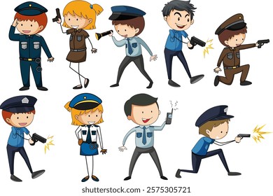 Illustration of cartoon police officers with various tools