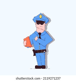 Illustration eines Cartoon-Polizisten mit einem Protokoll in der Hand, das eine Geldbuße ausspricht. Er trägt eine Mütze und eine Sonnenbrille. Vektorgrafik.