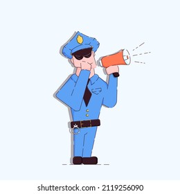 Illustration of a cartoon policeman speaking into a loudspeaker. He is wearing a cap and sunglasses. Vector illustration.