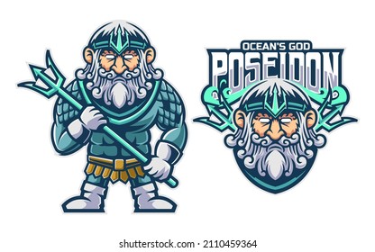 illustration of cartoon poseidon with trident weapon