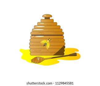 Illustration of cartoon pot with wooden honey dipper and a spot of honey. Isolated. As template of icon. Honey splash, fresh healthy food. Traditional sweet dessert for Rosh Hashanah, Jewish New Year