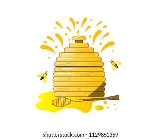 Illustration of cartoon pot with wooden honey dipper and a spot of honey. Isolated. As template of icon.Honey splash, fresh healthy food. Traditional sweet dessert for Rosh Hashanah, Jewish New Year
