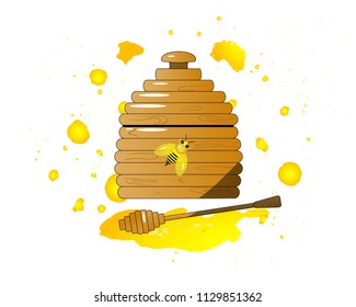 Illustration of cartoon pot with wooden honey dipper and a spot of honey. Isolated. As template of icon. Honey splash, fresh healthy food. Traditional sweet dessert for Rosh Hashanah, Jewish New Year