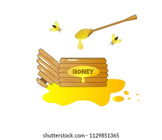 Illustration of cartoon pot with wooden honey dipper and a spot of honey. Isolated. As template of icon. Honey splash, fresh healthy food. Traditional sweet dessert for Rosh Hashanah, Jewish New Year