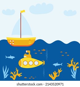 The illustration cartoon presents submarine and a ship at sea, the fish swim around them