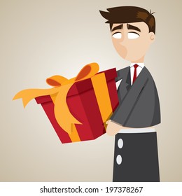 illustration of cartoon puppet businessman holding gift box