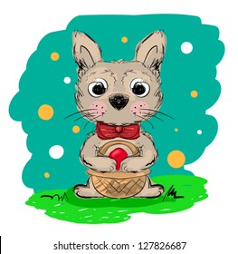 Illustration of cartoon rabbit holding easter basket with red egg