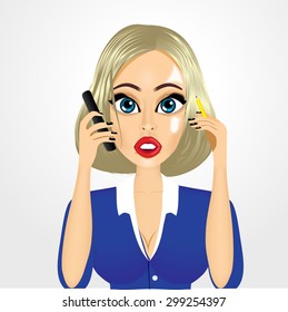 illustration of cartoon realistic secretary talking on the phone holding pencil in her hand