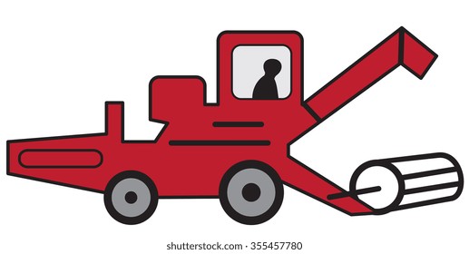 Illustration of cartoon red combine harvester on white background