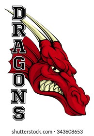 An illustration of a cartoon red dragon sports team mascot with the text Dragons