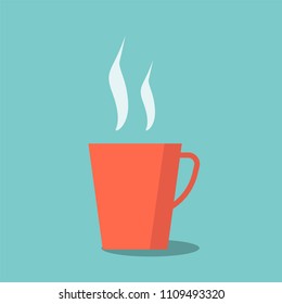 illustration of cartoon red tea cup with steam. isolated object on backdrop.